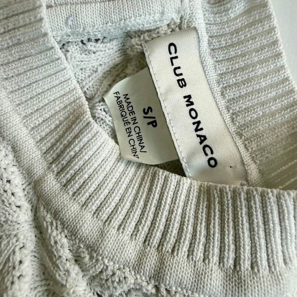 Club Monaco Sweater Pointelle Knit Sz S Ivory Ribbed Collar/Hem Quiet Luxurycore